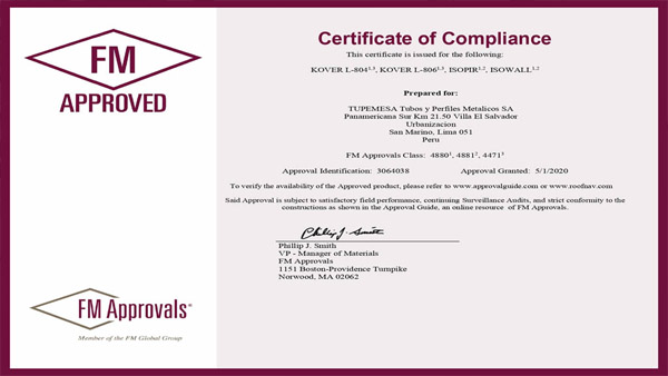 TUPEMESA obtiene certificación FM APPROVALS para sus paneles con aislamiento térmico