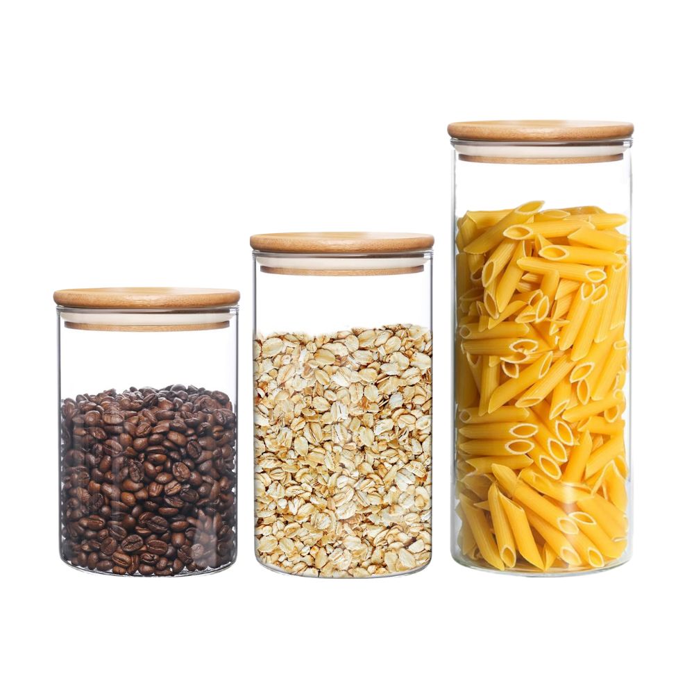 Set de 3 frascos de vidrio borosilicato con tapa de bambú
