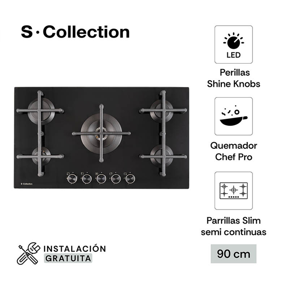 Encimera PureBlack Vidrio Templado SCollection a Gas 90cm - 3120SOLCO076