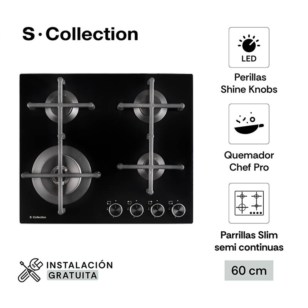 Encimera PureBlack Vidrio Templado SCollection A Gas 60cm - 3120SOLCO077