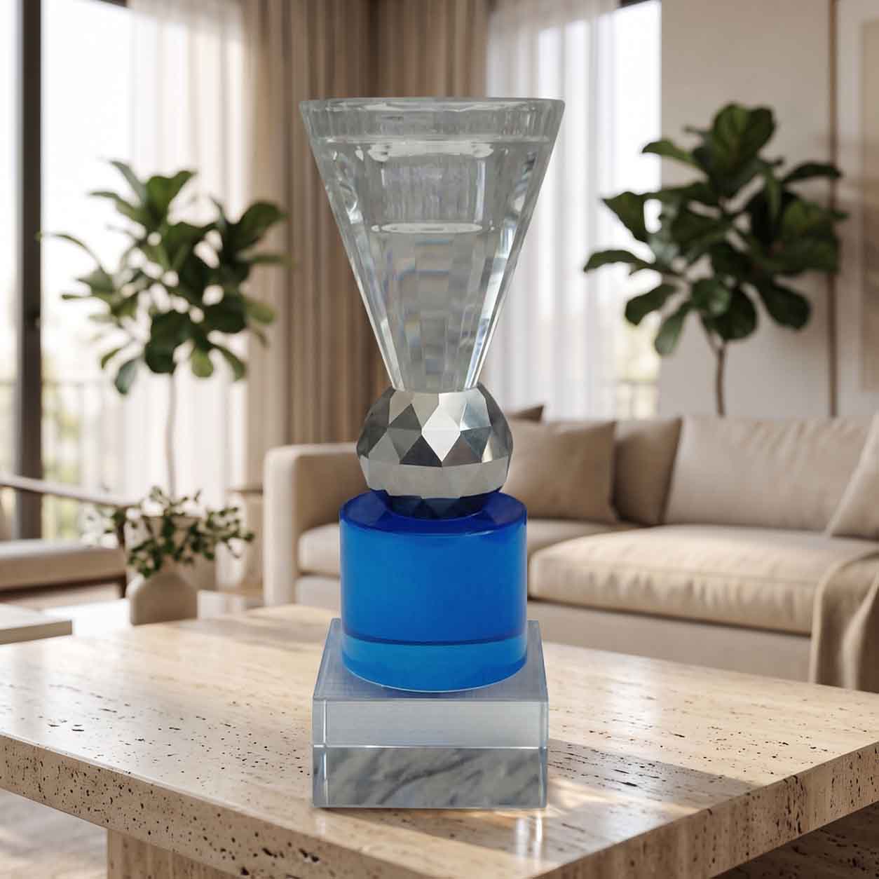 Candelabro Geométrico de Cristal Azul y Plata