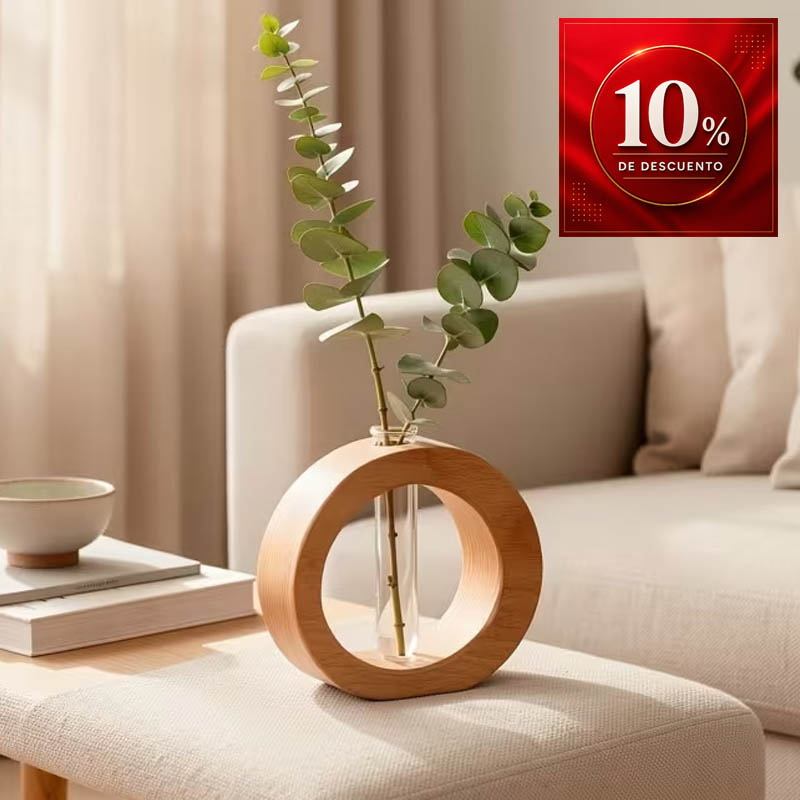 Jarrón Minimalista Moderno de Vidrio con Base de Madera