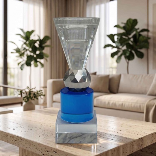 Candelabro Geométrico de Cristal Azul y Plata